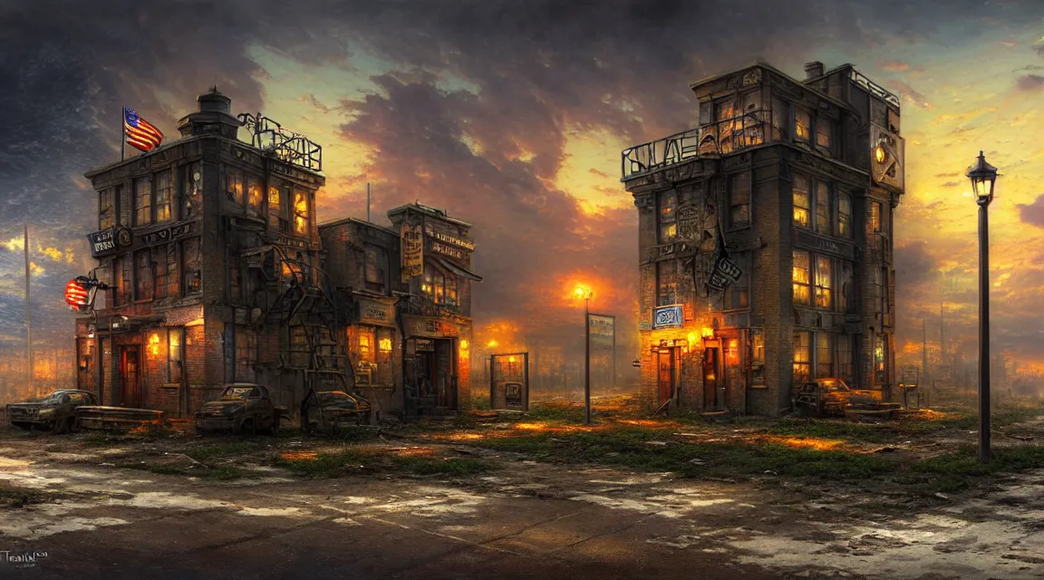 Prompt: post - apocalyptic police station, by thomas kinkade, highly detailed photography