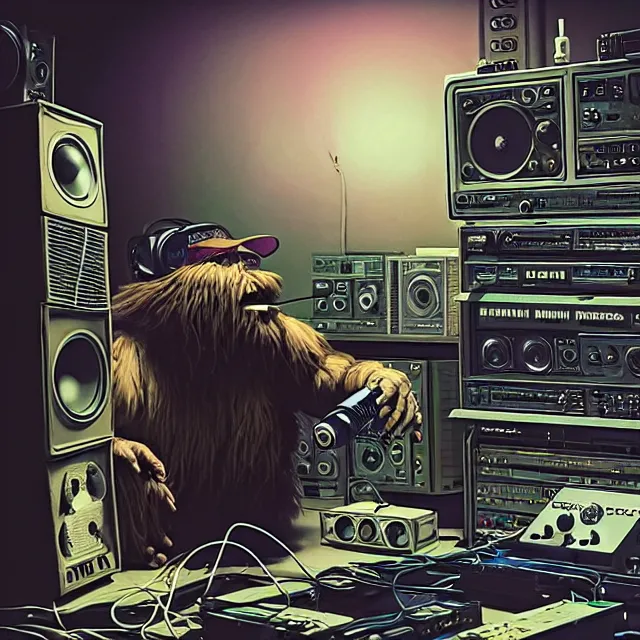 Prompt: a portrait of an anthropomorphic cyberpunk yeti podcasting in his secret electronics lab, detailed render, tape deck, studio microphone, boombox, headphones, epic composition, cybernetics, 4 k realistic, cryengine, realistic shaded lighting, sharp focus, masterpiece, by matteo scalera, gary montalbano, peter elson in the style of the tokyo ghost comic