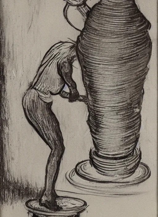 Prompt: abstract stylized charcoal drawing of a woman working on a tall vase at a pottery wheel, da vinci, van gogh