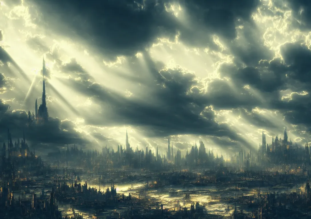 Image similar to fantasypunk city landscape, 1 9 th century daguerreotypists, cinematic, gorgeous clouds, god rays, fantasy art, octane render, ureal engine, hyperdetailed