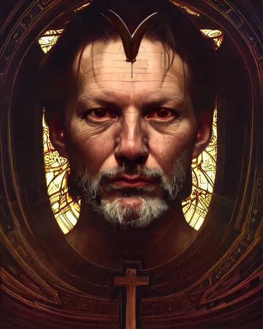 Prompt: realistic portrait of a nasty bishop, inverted cross, evil, heroic pose, beautiful face, bible, full body, dramatic lighting, intricate, wild, highly detailed, digital painting, artstation, concept art, smooth, sharp focus, illustration, art by artgerm and greg rutkowski and alphonse mucha, footage from space camera