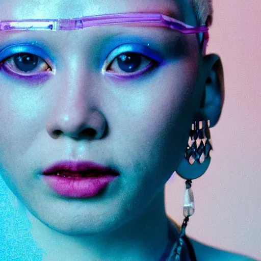 Image similar to a close - up risograph of cyberpunk albinism model girl wearing lots of transparent and cellophane accessories, light blue colors, huge earrings and queer make up, blue hour, oversaturated, hue - shifted, twilight, cool, portrait, crispy, full - shot, blue sky, kodachrome, photo by mayumi hosokura