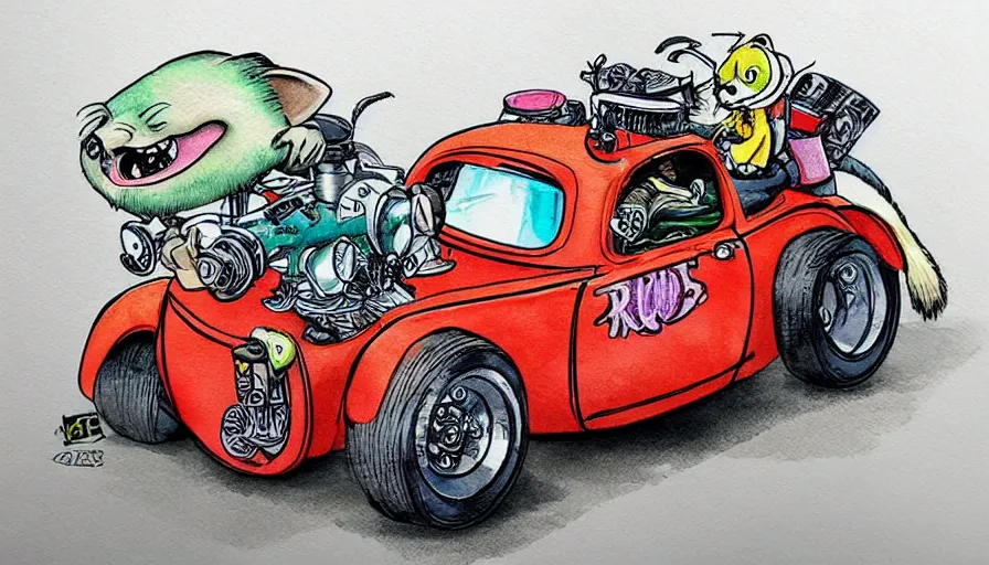 Prompt: cute and funny, racoon riding in a tiny hot rod coupe with oversized engine, ratfink style by ed roth, centered award winning watercolor pen illustration, by chihiro iwasaki, edited by range murata