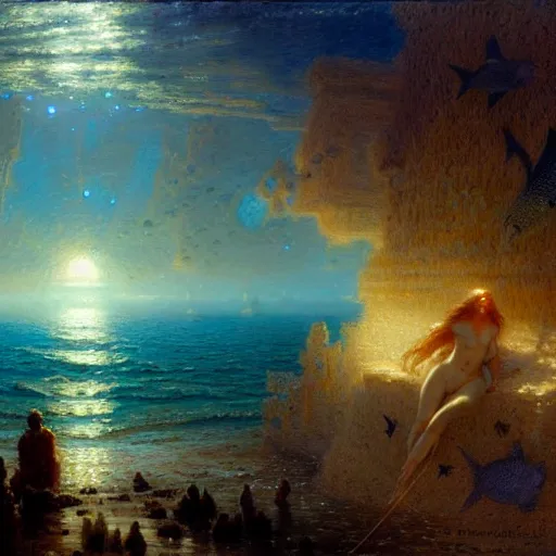 Image similar to point of view of deep in the ocean looking up, you see fishes, higher the milk way, night time, midnight. highly detailed painting by gaston bussiere, greg rutkowski 8 k