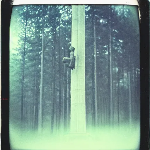 Prompt: a towering statue in a forest clearing reaching into the fog, night, old polaroid, expired film, megalophobia,