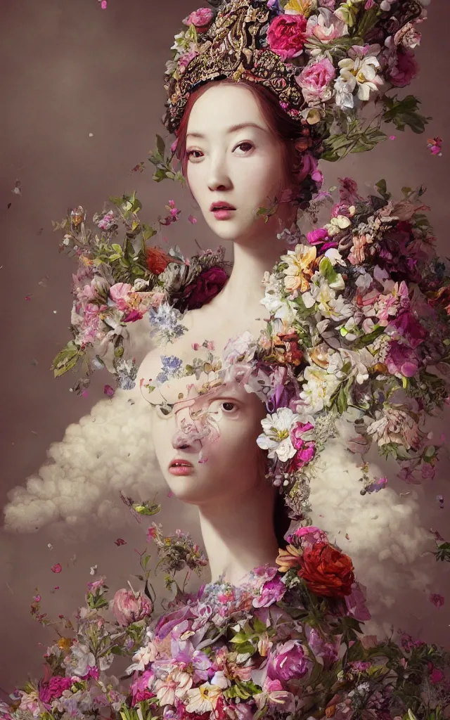 Image similar to an empress portrait, with a brilliant impossible striking big flower headpiece, clothes made entirely out of flowers, rococo, baroque, vogue, rim light, asian, epic art, realistic, wlop style, insane detail, octane render, 8k, fantasy, diva