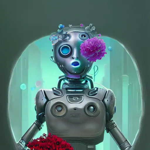 Image similar to highly detailed surreal vfx portrait of a robot with flowers growing out of its head, stephen bliss, unreal engine, greg rutkowski, loish, rhads, beeple, makoto shinkai and lois van baarle, ilya kuvshinov, rossdraws, tom bagshaw, global illumination, detailed and intricate environment