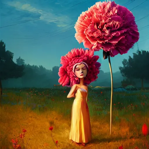 Image similar to giant carnation flower head, frontal, girl in a suit, surreal photography, sunrise, dramatic light, impressionist painting, digital painting, artstation, simon stalenhag