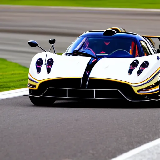 Image similar to pagani zonda on a street race track, motion blur, 3 0 0 mm photography, car photography, clean lines, realistic