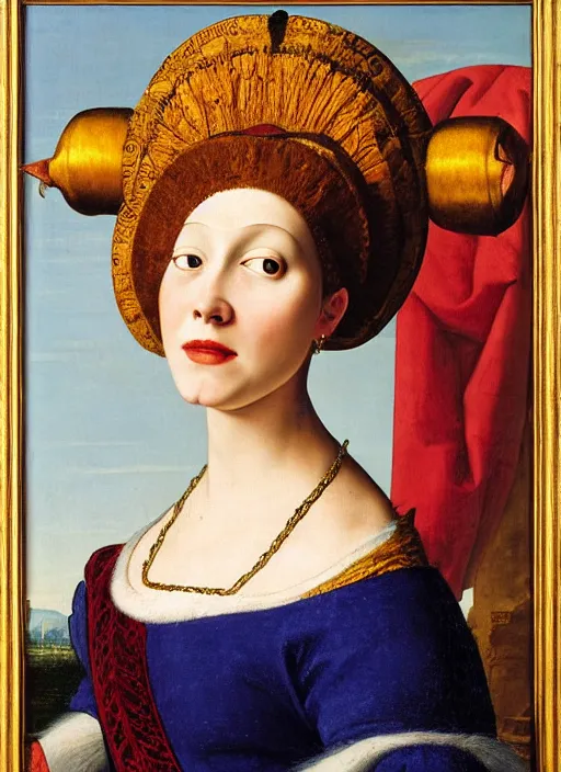 Image similar to portrait of young woman in renaissance dress and renaissance headdress, art by jean - michel folon