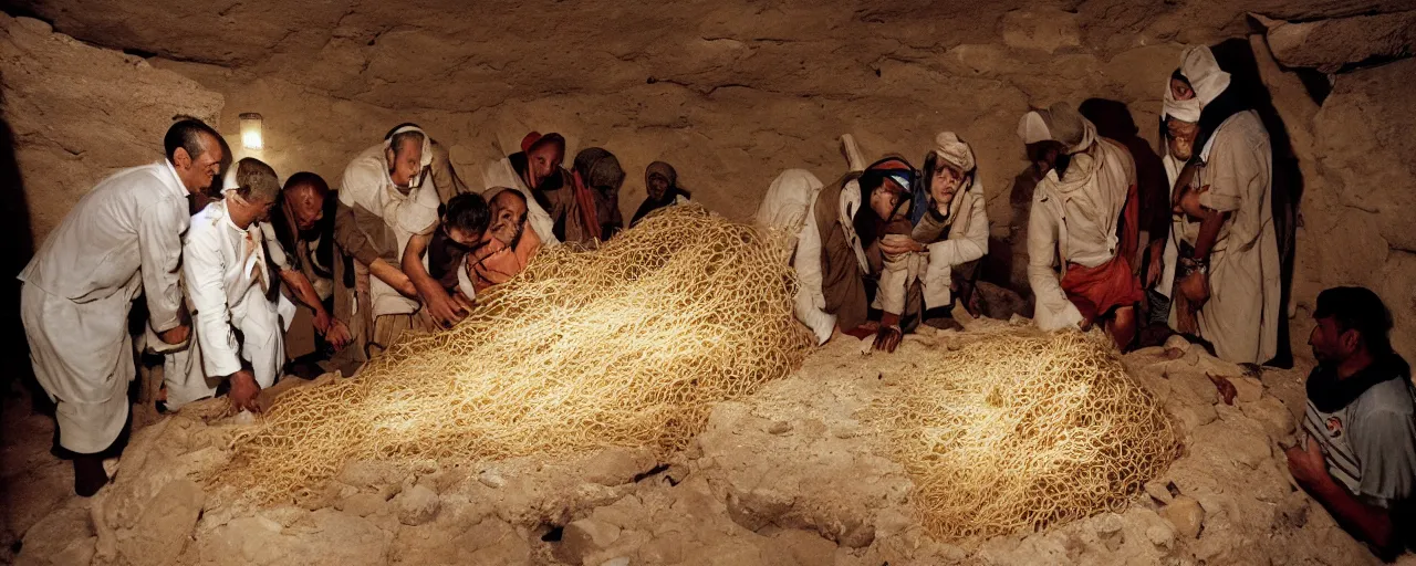 Prompt: ancient egyptians discovering a tomb inside a pyramid made of spaghetti, national geographic, canon 5 0 mm, cinematic lighting, photography, retro, film, kodachrome