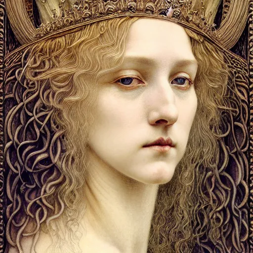 Prompt: detailed realistic beautiful young medieval queen face portrait by jean delville, gustave dore, iris van herpen and marco mazzoni, art nouveau, symbolist, visionary, gothic, pre - raphaelite, horizontal symmetry