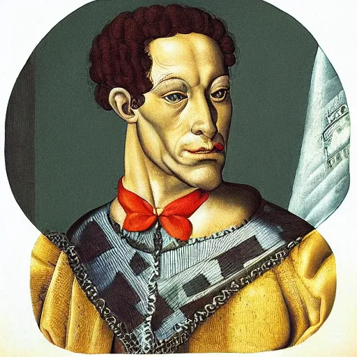 Image similar to portrait of an anthropomorphic tyrannosaurus rex, dressed as an italian duke, sandro bottecelli, 1 5 0 0