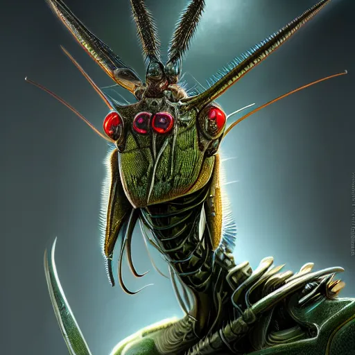 Prompt: a concept art of a mantis assassin, apex predator, antennae on a hestiasula head, mantid features, praying posture, compound eyes, highly detailed, fantasy art, octane render, artstation hd, by giger