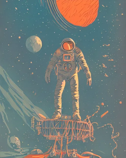 Image similar to dark retro illustration 1 9 6 7 science fiction, doomed astronaut on saturn's moon, gouache and ink, art sussman, mohrbacher, retro futurism