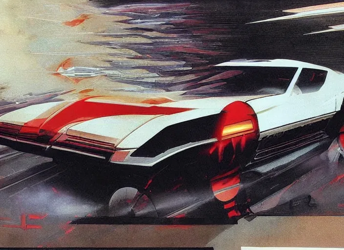Image similar to ( ( ( ( ( 1 9 8 2 pontiac trans am, car concept art, sci - fi illustration, painting, in the style of speed racer ) ) ) ) ) by vincent di fate and john berkey and knight rider and speed racer!!!!!!!
