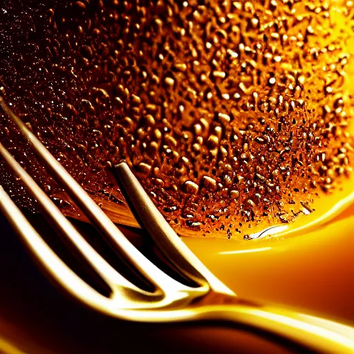Image similar to A beautiful hyper realistic ultra detailed lifelike cinematic still of fork covered in dripping honey, unreal engine, deviantart, flickr, artstation, octane render, textured, colorful, extreme realistic detail, physically based rendering, pbr render, very detailed, volumetric lighting, detailed lighting, octane render, 4k, cinematic lighting, 8k resolution