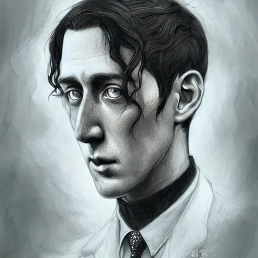 Prompt: h. p. lovecraft character portrait, lean face, cinematic lighting, glowing grey eyes, hyper - detailed, 4 k, high resolution, in the style of charlie bowater, tom bagshaw, single face, symmetrical, headshot photograph, insanely detailed and intricate, beautiful, elegant, watercolor, cinematic, portrait, raphaelite, headroom, pierre - auguste renoir