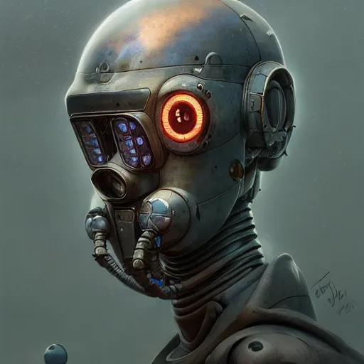 Image similar to a expressive portrait of masked diesel punk robot, depth of field background, artstation, award - winning realistic sci - fi concept art by jim burns and greg rutkowski, beksinski, a realism masterpiece, expressive color palette, james gilleard, bruegel, alphonse mucha, and yoshitaka amano