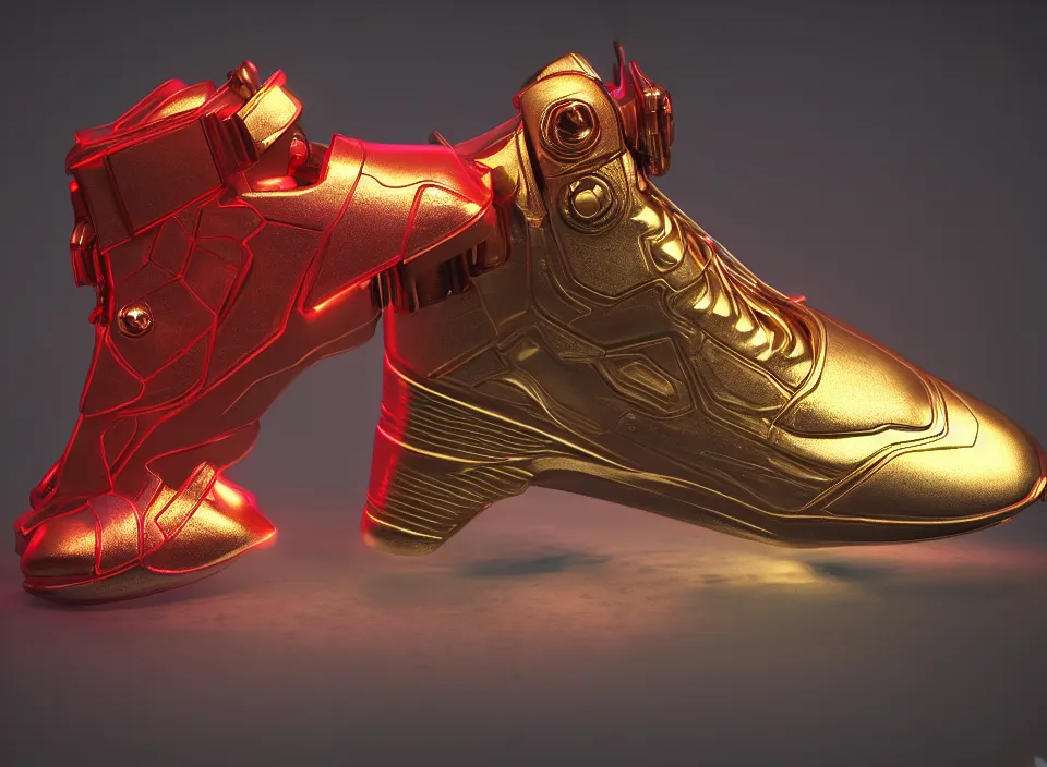 Image similar to realistic 3 d render of a cyberpunk android sneaker, beautiful studio lighting, soft, sharp focus, neon cyberpunk highlights, intricate detail, gold and red metal, soft rubber, textured plastic, octane render, side view, close up, trending on artstation, deviantart, bauhaus