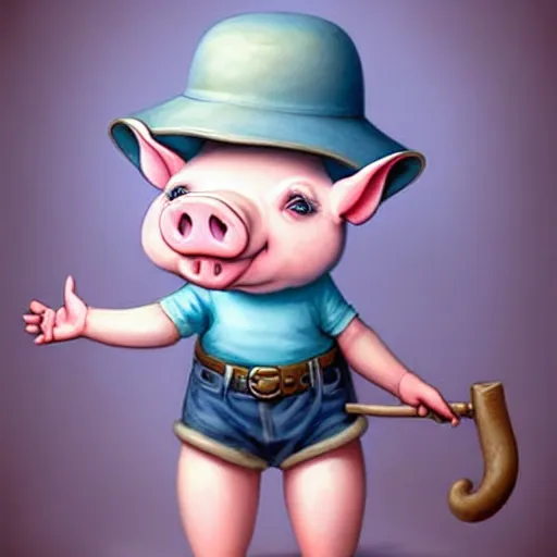 Image similar to cute little anthropomorphic funny female pig wearing shorts, a hat, boots and a pale blue shirt!! tiny!! fully clothed!!! small, short, cute and adorable, character art portrait, matte fantasy painting, deviantart artstation, by jason felix by steve argyle by tyler jacobson by peter mohrbacher, cinema