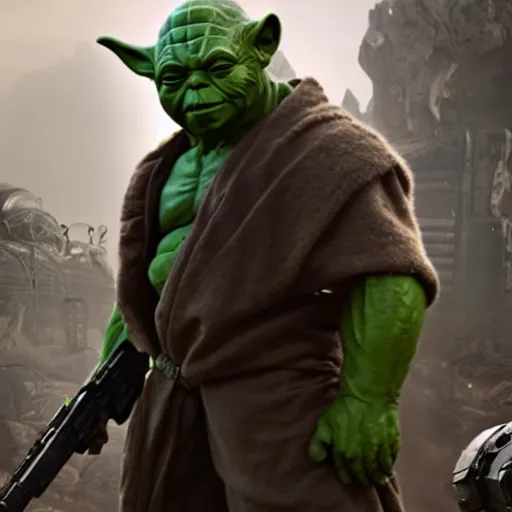 Image similar to yoda as the hulk the hulk in gears of war, splash art, movie still, cinematic lighting, dramatic, octane render, long lens, shallow depth of field, bokeh, anamorphic lens flare, 8 k, hyper detailed, 3 5 mm film grain