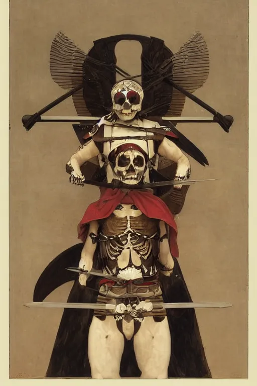 Prompt: portrait of a skeleton archer wearing samurai helmets and armor with wings, with big sword, symmetrical, solemn, sacred, aura, by bouguereau