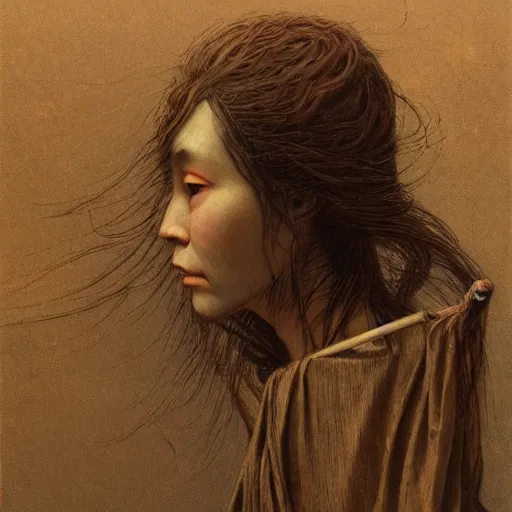 Image similar to by waterhouse, ( ( ( ( ( ( ( by beksinski ) ) ) ) ) ) ), high quality, picture portrait of a victorian yokai, haunting, photorealism, hyper - realism, octane render, highly detailed, 8 k,