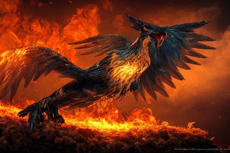 Prompt: a flying griffin in the sky, colorful eyes, glowing eyes, fire, frost, angry, demonic, detailed, realism, hyper-realistic, 8k, hd, detailed face, 3D render, octane render, wide shot,