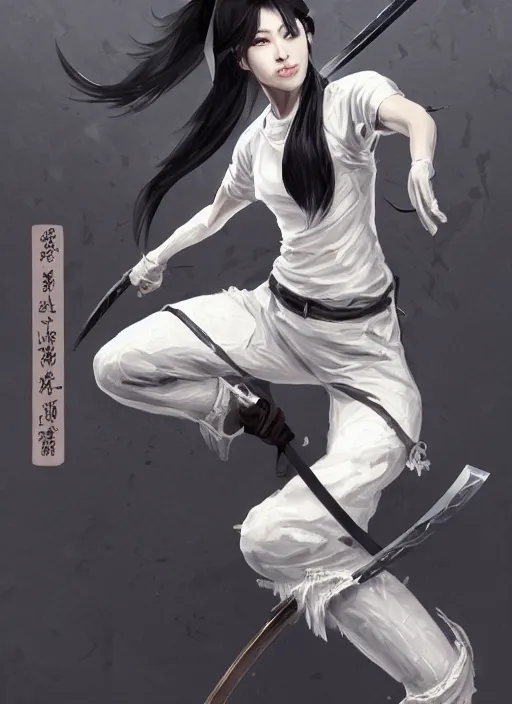 Image similar to a highly detailed illustration of fierce messy ponytail black haired one armed delinquent japanese woman wearing white cap wearing long white jacket, dramatic wielding katana pose, muscular, intricate, elegant, highly detailed, centered, digital painting, artstation, concept art, smooth, sharp focus, league of legends concept art, wlop.