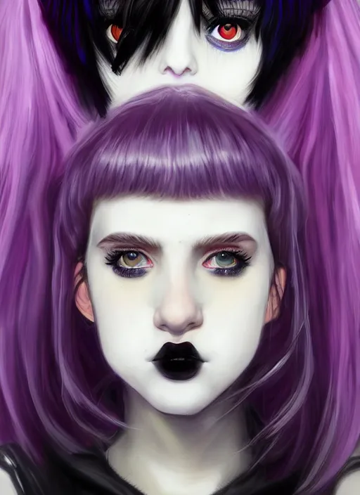 Prompt: portrait of white teenage girl, normal face, black bangs, mall goth, cyberlox, black hair with white bangs, black and white hair, bangs, fluffy bangs, red contacts, purple lipstick, intricate, elegant, highly detailed, digital painting, artstation, concept art, sharp focus, smooth, illustration, art by wlop, mars ravelo and greg rutkowski