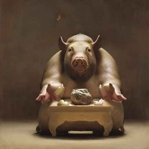 Image similar to fat boar wearing a monk robes holding incense burner. natural lighting by ruan jia, portrait