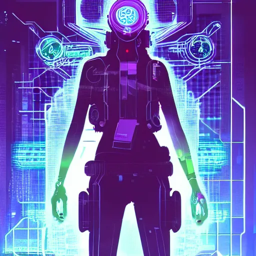 Prompt: a cyberpunk netrunner surrounded by a glowing computer interface, centered in the frame, cyberpunk concept art by Jean Giraud and josan gonzales, digital art, highly detailed, intricate, sci-fi, sharp focus, Trending on Artstation HQ, deviantart, 4K UHD image