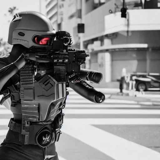 Image similar to film still of 'Los Angeles Future Squad 2050'. Epic action scene. Sigma 85mm f/8