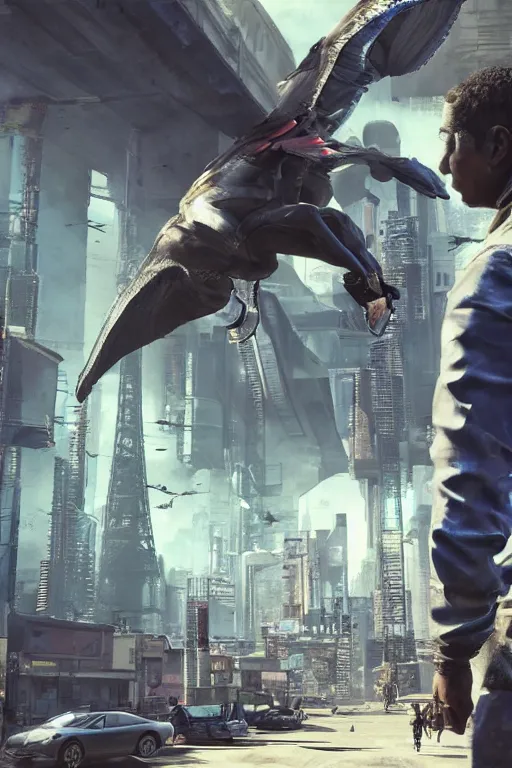 Image similar to in the foreground a Parisian street, in the background a brown man from the back with blue energy wings coming out of his back wearing a long matrix style jacket and starting to fly away, realistic, high definition, great details, dramatic scene, detailed and realistic hands, symmetrical face, realistic eyes, cyberpunk art 2077