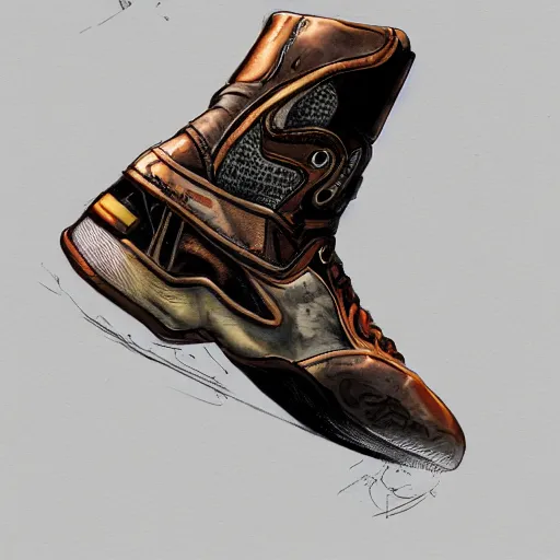 Prompt: basketball sneaker concept art, steampunk, sharp focus, illustration, concept art by tooth wu