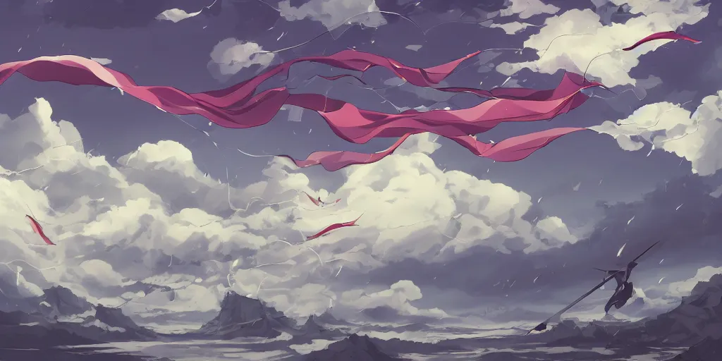 Prompt: background art of flying longswords flowing through the slicing through directional wind on a simple cloudy sky background featuring an enormous tsunami, big puffy clouds, sharp rain, large rose petals, lotus petals, large polygonal background elements, large polygons, studio ghibli anime, dramatic lighting, artgerm, manga, trending on artstation, art nouveau, mature colors