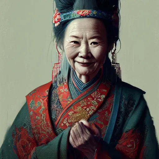 Prompt: A portrait of a Chinese old beauty, ancient art, art by greg rutkowski, matte painting, trending on artstation