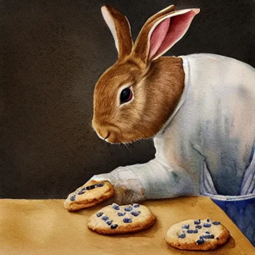 Image similar to a rabbit baking cookies in a kitchen, watercolour realism
