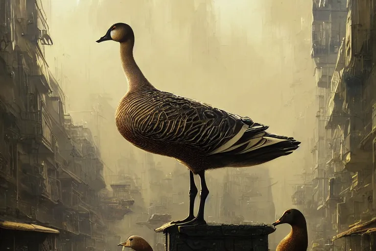 Prompt: A solarpunk very highly detailed anhtropomorphic Goose with very highly detailed face on the street of a very highly detailed solarpunk sci-fi city digital rational painting art by Greg Rutkowski, sci-fi highly detailed, digital concept art, Dimensional cyan gold natural light, sharp focus, Golden Ratio illustration, realistic concept art by Stephen Hickman and James Gurney and Hiromasa Ogura Ghost in the Shell rendered in Octane Render, From the distance