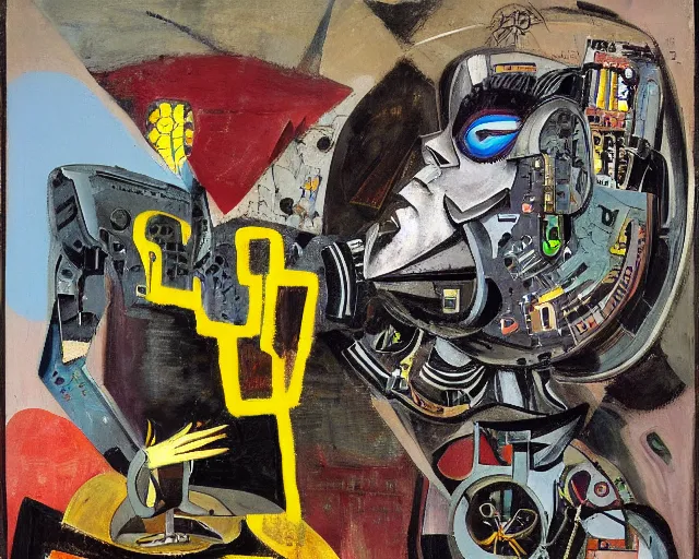 Prompt: painting of a cyborg questioning his reality by graham sutherland