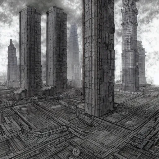 Image similar to “The plaza around the base of the megabuilding was being patrolled by Battletech. The tower was made of solid black metal and stone. POV looking up at tower. Anime background artwork in the style of Akira. 2077 photo mode by Marc Simonetti, artwork by Ted Nasmith, Ted Nasmith and Marc Simonetti, 8K, D&D concept art, 2077 wallpaper”