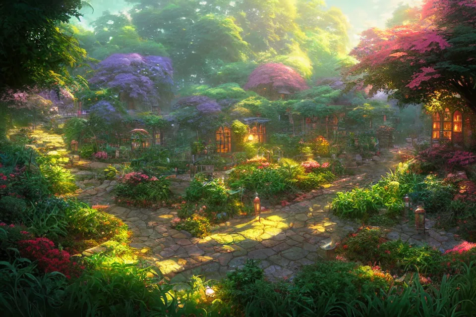 Prompt: Rendering of a scene with a magical herb garden by makoto shinkai, thomas kinkade, james gilleard. Fantasy matte painting, trending on cgsociety and unreal engine, light effect, tone mapping, highly detailed, super wide angle