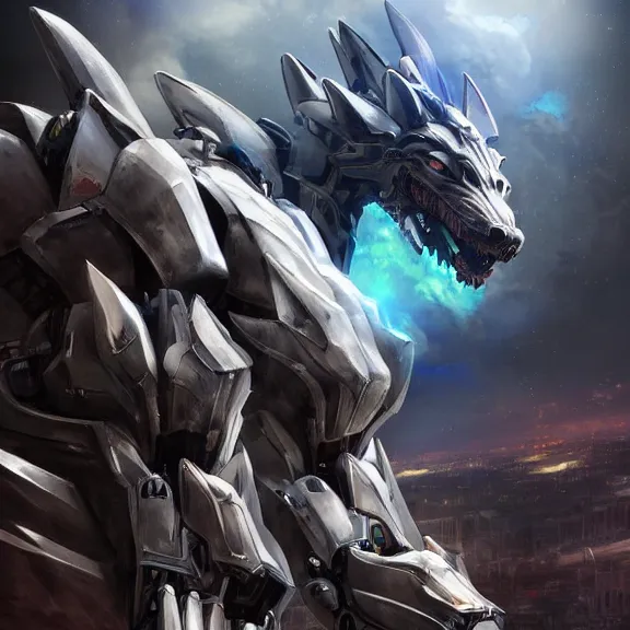 Image similar to hyper realistic, epic, highly detailed cinematic full body shot of a gigantic feral mecha canine, sharp metal claws, cannon mounted on back, sleek armor, glowing visor, destroying city, digital art, furry art, macro art, dragon art, zoids art, furaffinity, deviantart, sofurry