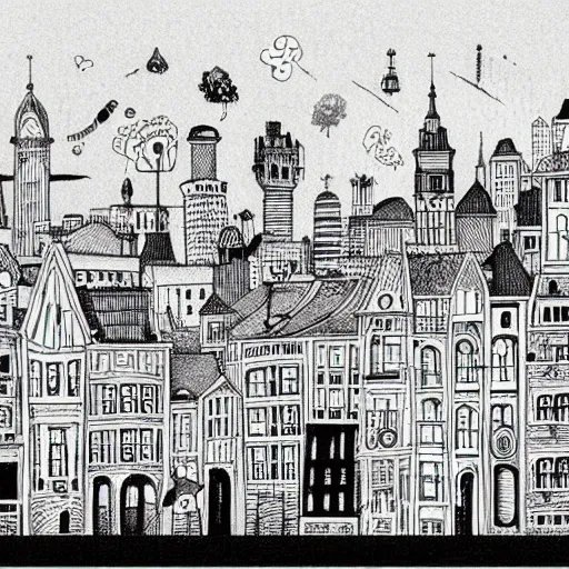 Image similar to a black and white drawing of a city, a storybook illustration by mattias adolfsson, behance contest winner, modern european ink painting, matte drawing, storybook illustration, panoramic, cityscape, minimalist