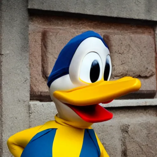 Prompt: A photo of a human as Donald Duck