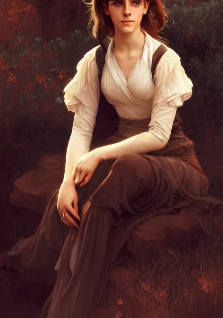 Image similar to emma watson hermione, intricate, elegant, highly detailed, digital painting, artstation, concept art, smooth, sharp focus, illustration, art by artgerm and greg rutkowski and alphonse mucha and william - adolphe bouguereau