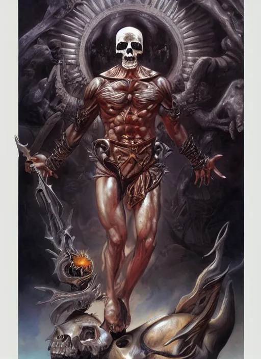 Image similar to a epic portrait of the god of death, art by boris vallejo and greg danton and denys tsiperko, detailed, hyperrealism, artstation