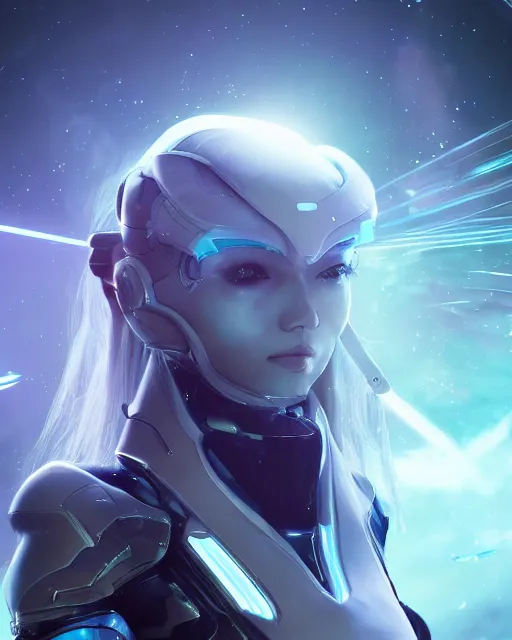 Image similar to perfect android girl on a mothership, warframe armor, beautiful face, scifi, futuristic, galaxy, nebula, raytracing, dreamy, long white hair, blue cyborg eyes, sharp focus, cinematic lighting, highly detailed, artstation, divine, by gauthier leblanc, kazuya takahashi, huifeng huang