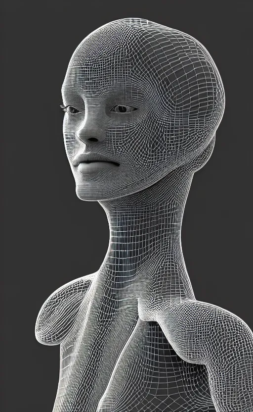 Image similar to black and white complex 3d render of a beautiful profile woman face, vegetal dragon cyborg, 150 mm, beautiful natural soft light, silver details, magnolia stems, roots, fine lace, maze like, mandelbot fractal, anatomical, facial muscles, cable wires, microchip, elegant, highly detailed, silver metalic armour, rim light, octane render, H.R. Giger style